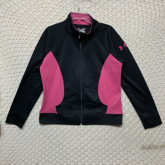 Under Armour Track Jacket-Women XL Black Pink Semi Fitted Full Zip Long Sleeve - Picture 1 of 11